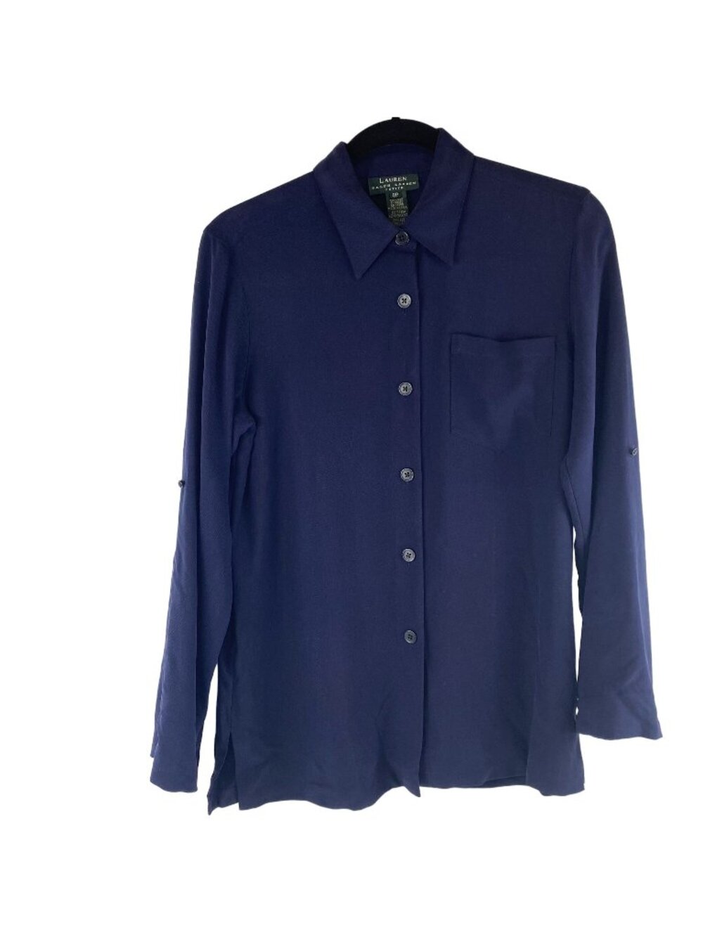 Lauren Ralph Lauren Womens Button Tab Sleeve 8P Classic Preppy Navy Silk Top